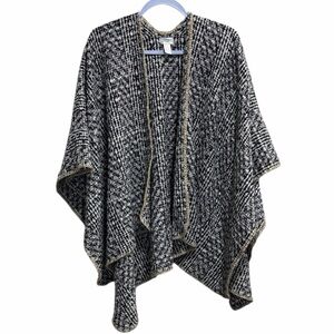 Summer & Rose Soft Marled Knit Poncho Cardigan OS Black White Boho Trim